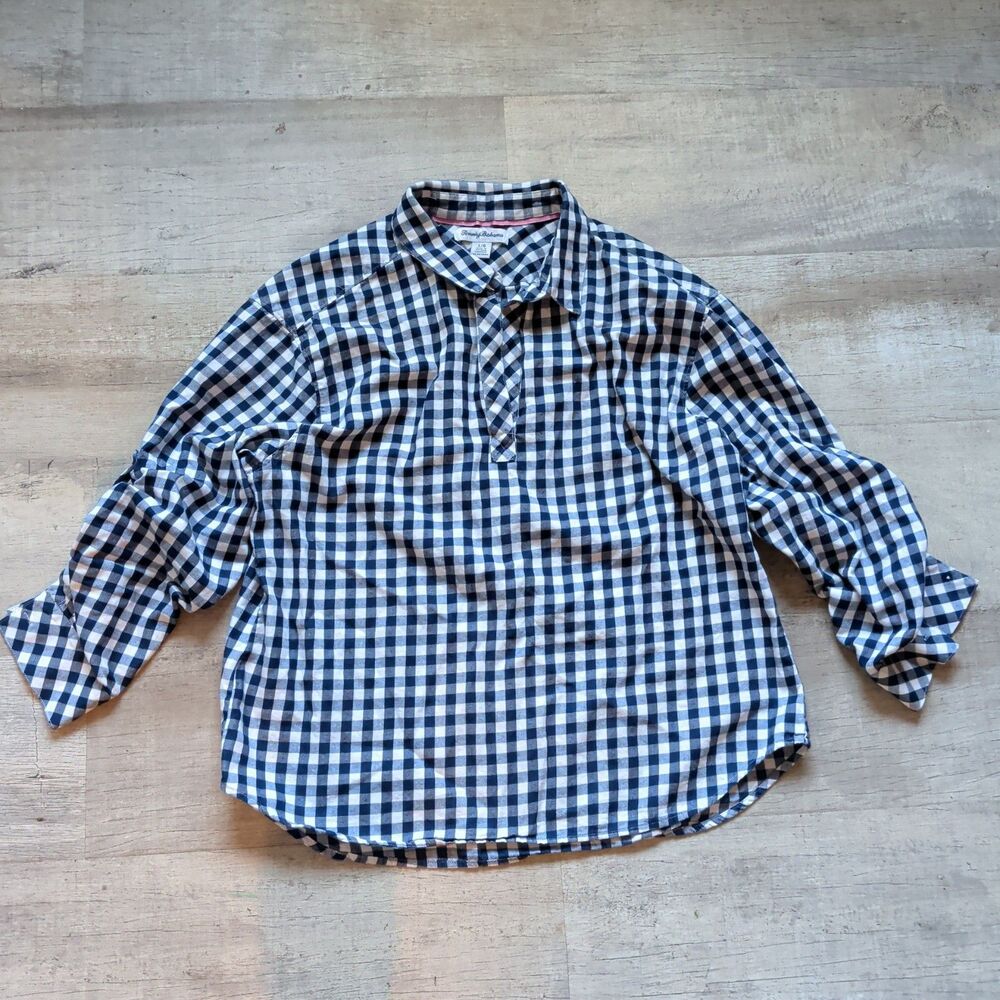Tommy Bahama Women's Blue White Gingham Check Long Sleeve Shirt L Roll Tab